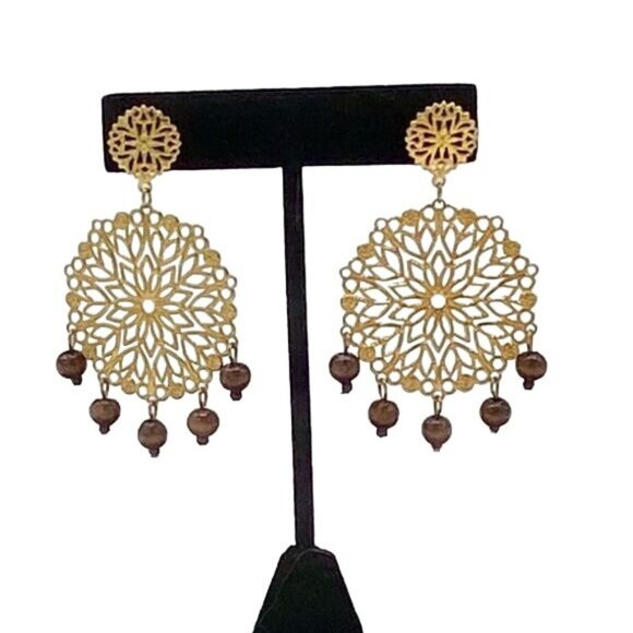 Gold Filigree Statement Earrings with Bead Drops - Picture 1 of 7